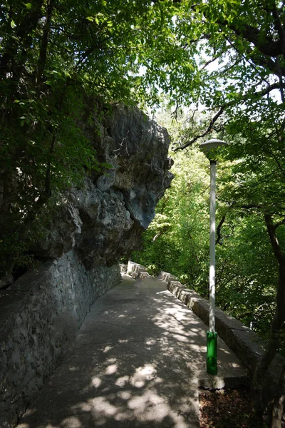 Ein Pfad im Park zwischen den grünen Bäumen, der an einem großen Stein vorbeiführt, der darüber hängt. — Stockfoto