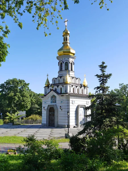 Маленька біла церква з золотим куполом на фоні дерев — стокове фото