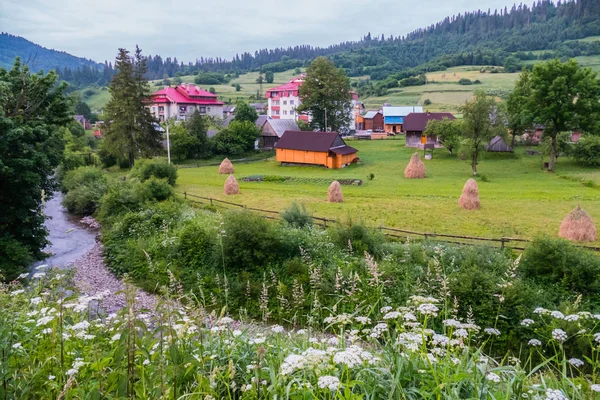 Cute little houses with tiled roofs located on a green meadow along a small creek — Stock Photo, Image