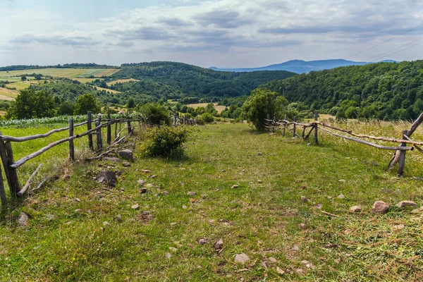 Revier auf einer grünen Wiese, eingezäunt mit einem Holzzaun aus Ästen — Stockfoto