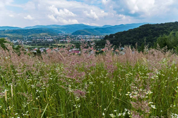 Una magnífica vista desde detrás de la hierba del prado a la ciudad que yace en un valle de montaña y densas nubes en las cimas de las montañas en el horizonte . — Foto de Stock