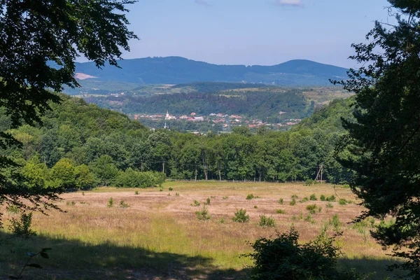 A mező egy leégett, sárga fű az előtérben és a zöld, hegyi tömeg a hátán. Ez között van egy kis város — Stock Fotó