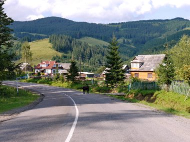 Her tarafında ve güzel bir yeşil dağlar ve mavi gökyüzü manzarası rustik evlerin dik bir yol