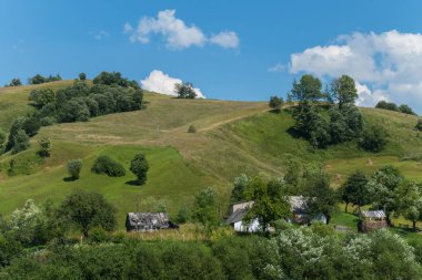 Yüksek tepe çamur ve mavi gökyüzü arka plan üzerinde çalılar ile kaplıdır
