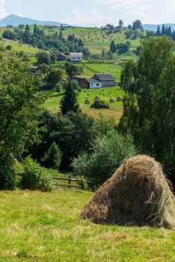 Yalnız bir haystack yeşil çim ve güzel bir manzara içinde belgili tanımlık geçmiş