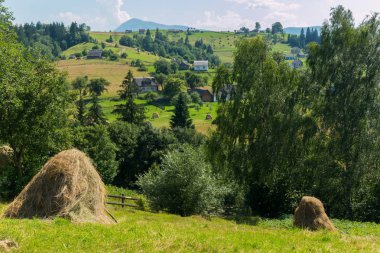 Haystacks küçük kırsal konutlarında ve yüksek yeşil dağların arka planda ile geniş bir tepe