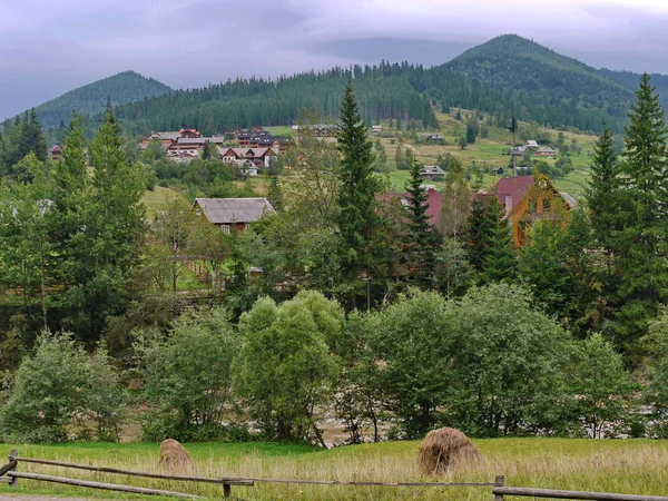 Une vue sur les maisons entourées d'arbres et quelques meules de foin au premier plan — Photo