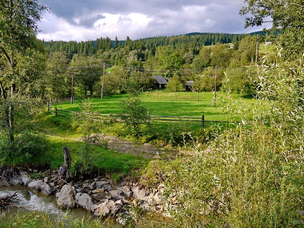 Живописный пейзаж Карпатской деревни рядом с небольшой горной рекой — стоковое фото