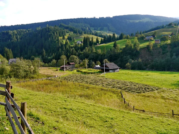 Authentiques maisons résidentielles avec de vieilles clôtures au pied d'une énorme montagne en arrière-plan d'un ciel clair — Photo