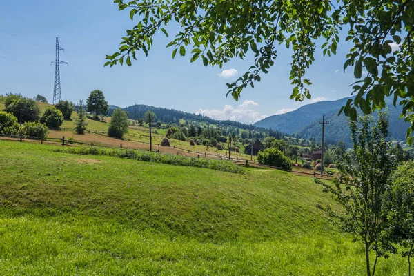 Поляна с стогами сена возле деревни на фоне гор — стоковое фото