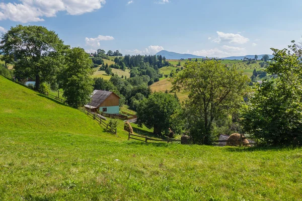 Doğal manzara mavi gökyüzünün altında tepeler arasında evin yanında parlak yeşil çimen