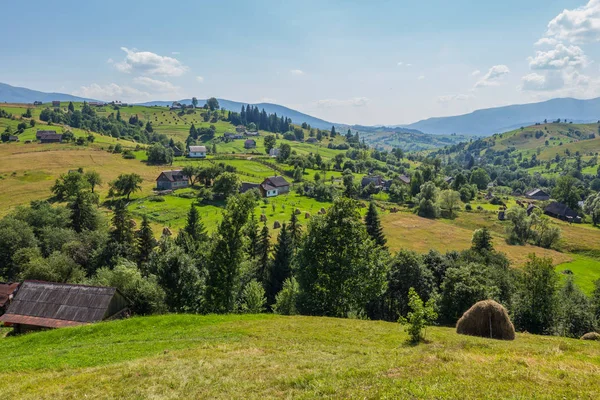 Ein ukrainisches Karpatendorf in einem Tal mit einzelnen Häusern und einem grünen Kräuterteppich — Stockfoto