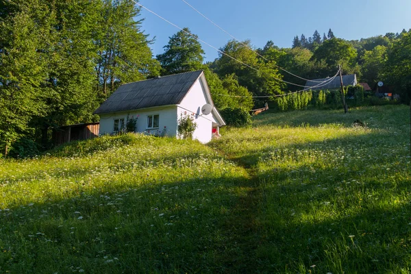 The path to a small white house on a mountain between green herbs on a bright, clear day