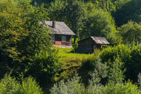 Dağ tarafı yemyeşil ağaçlar ve çalılar ile eski kırsal ev