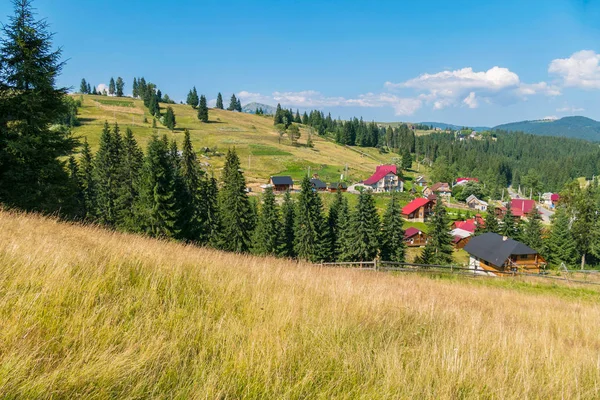 beyaz bulutlar dağ zirveleri ve rahat bir köy yeşil uzun ağaçların arkasına saklanarak yukarıda uzakta yüzen