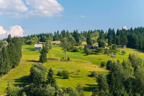 Gepflegte Häuschen vor dem Hintergrund eines grünen Berghanges und blauen Himmels — Stockfoto