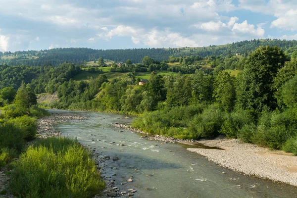 Krajina letního dne s výhledem na mělké řeky s mnoha kameny na břehu a dno a zelené paseky, sjezdovek a stromy. — Stock fotografie