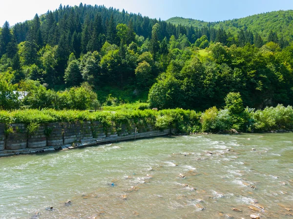 Hızlı dağ nehir yeşil ağaçlar ve mavi gökyüzü ile dik yamaç çerçevede bir