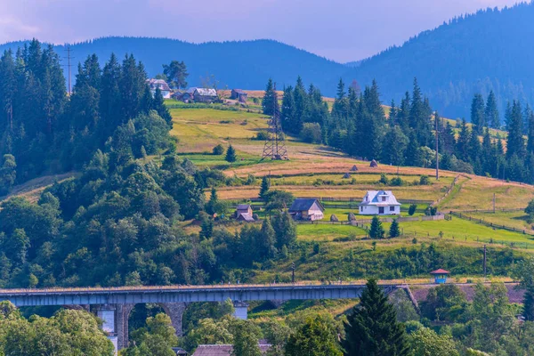 Häuser auf einer grünen Wiese mit Bäumen und dunkelblauen Bergen am Horizont — Stockfoto