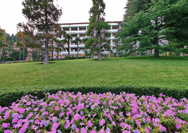 Macizo de flores con suaves flores de color rosa y púrpura en frente del edificio blanco del hotel, centro de recreación o sanatorio con balcones en el fondo de abetos altos, césped verde y cielo despejado — Foto de Stock