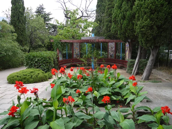 Kwietnik z piękne czerwone kwiaty na długie zielone łodygi w pobliżu półokrągłe altana — Zdjęcie stockowe