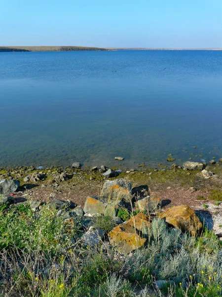 Keskin taşlar bir şeffaf mavi göl kıyısında yeşil yosun kaplı