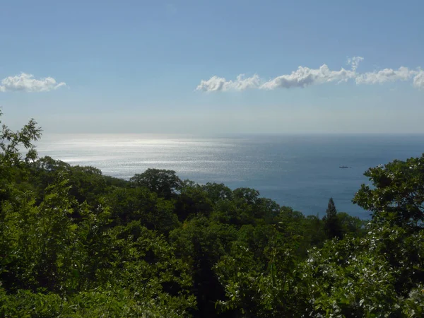 Uzak mavi bir gökyüzü ve nadir bulutları ve sahile yelken bir iyot tekne ile denizin ufuk çizgisi uzanan muhteşem bir manzara.