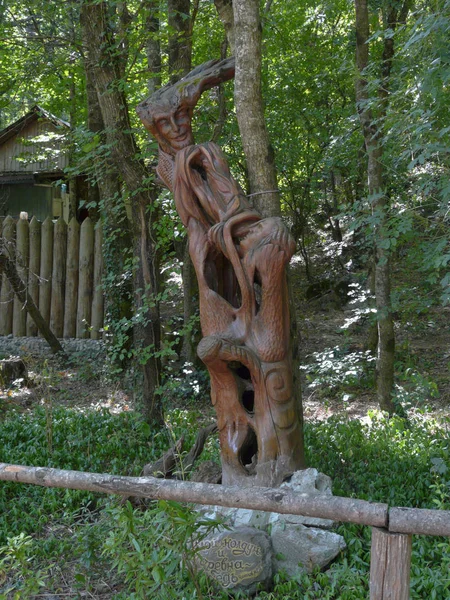 Onder de groene bomen op de achtergrond van een houten palissade gesneden uit de boomstam tekens van sprookjes. vakantiebestemming voor het hele gezin — Stockfoto