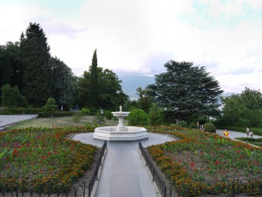 turuncu böğürtlen ve kırmızı Salvia ve dağların bir arka plan ile bir botanik bahçesinde flowerbed
