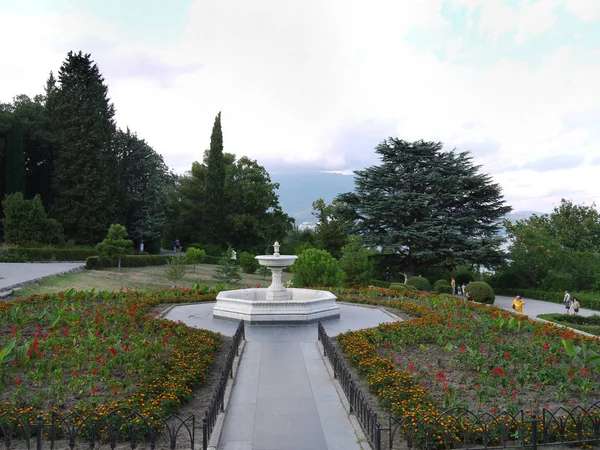 オレンジ色のブラックベリーと赤いサルビアと山の背景と植物園で花壇 — ストック写真