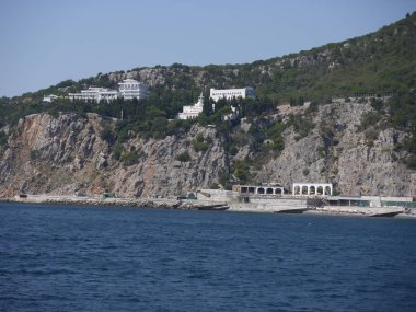 Yemyeşil ağaçlar ve çalılar ile mavi, derin deniz kıyısında taş