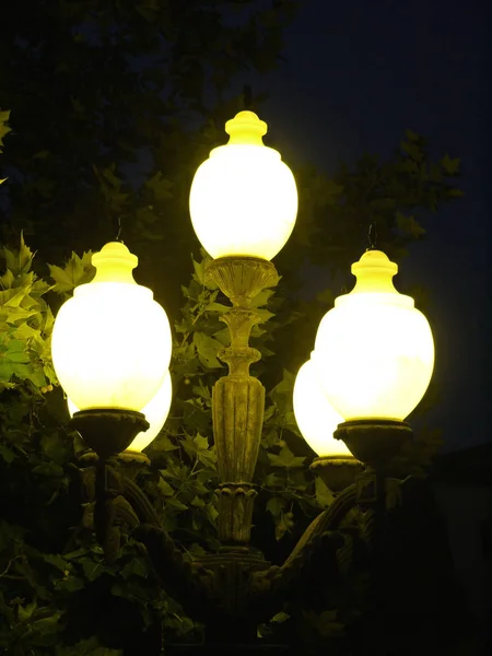 Lámpara de noche brillante brillante sobre un fondo de árboles verdes —  Fotos de Stock