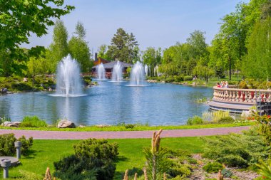 Bir göl ve üzerine arka arka planı yeşil ağaçları ve süs bitkileri ile park alanı. Mezhigorye, Ukrayna