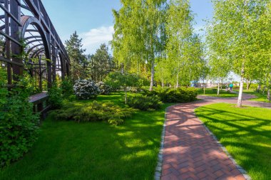 Çim ve çiçek ağaç şeklinde yeşil alanlarda çeşitli açık güneşli bir öğleden sonra parkta güzel sahne.