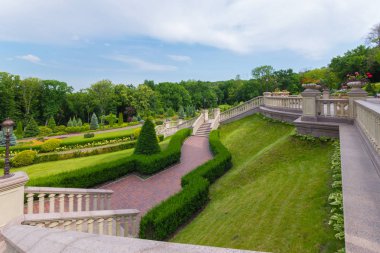 Parkta bir yeşil, kırpılmış çim kaotik bir yürüyen merdiven