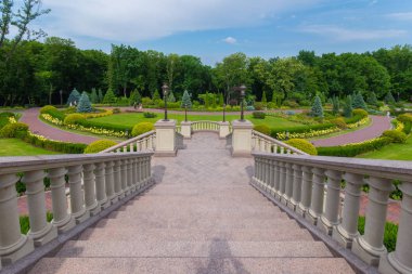 Adımlarla bir parkta mavi bir gökyüzü arka plan üzerinde yeşil ağaçlar Panoraması