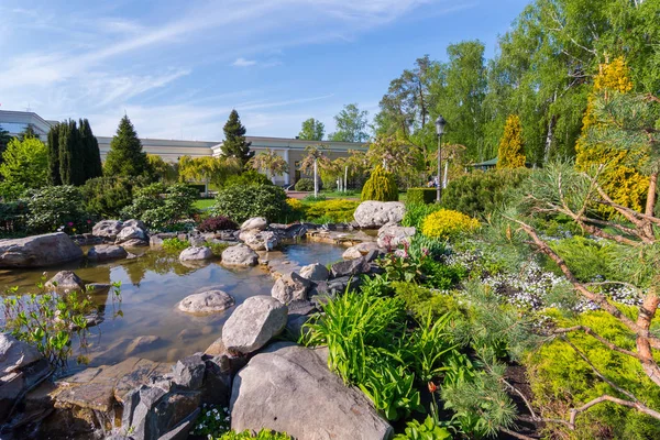 Verdes de arbustos y árboles en el parque y un pequeño estanque que se encuentra entre ellos con grandes piedras — Foto de Stock