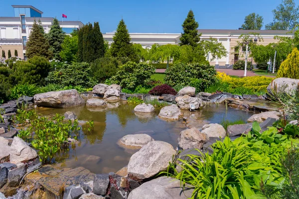 Plantación de arbustos y árboles ornamentales cerca de una piscina de piedra con una fuente en cascada en el jardín botánico — Foto de Stock