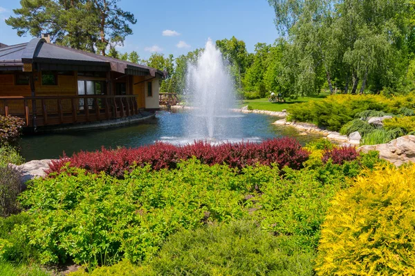 公园里的湖上郁郁葱葱的高高的喷泉, 里面有一个用来放松的木屋。 — 图库照片
