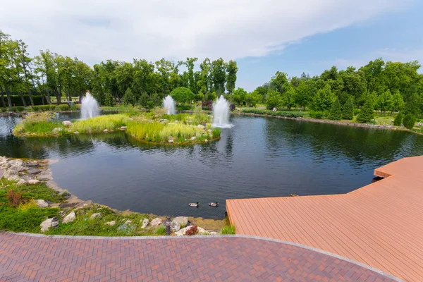 Fontan i naturliga, naturliga stil med mossa, stenar och träd runt — Stockfoto