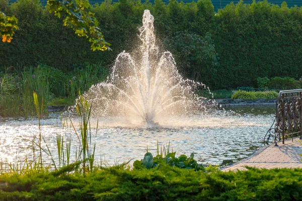 Uma vista magnífica de uma fonte em uma lagoa com água limpa com salpicos voadores de água salpicada no fundo da vegetação verde esmeralda no parque . — Fotografia de Stock