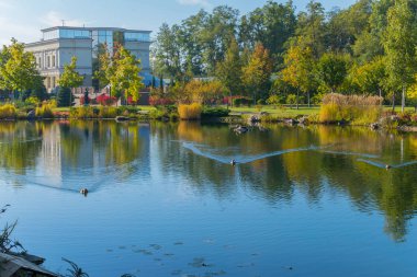 Çiçekler ağaçlar ve büyük bir ev ile su yüzey float ördekler gibi diğer kıyısında park arka planı hızlı bir hızda gemiler üzerinde bir iz bırakarak.