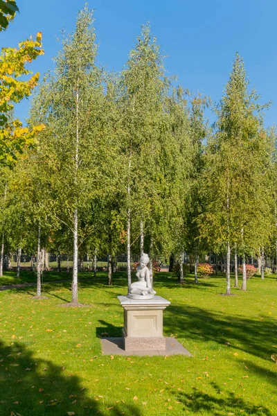 Beautiful statue in the form of a sitting woman standing on a green lawn with fallen leaves against a background of slender birches and a blue clear sky. — Stock Photo, Image