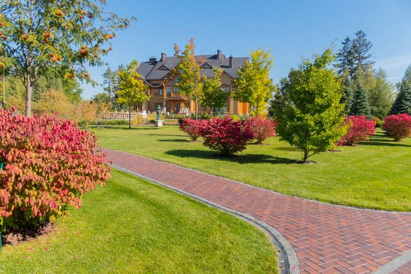 Boulevard en un parque entre árboles rojos y carmesí en un césped verde con hierba exuberante — Foto de Stock