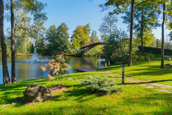 Ponte pedestre arqueada no parque com caminhada sobre ele descansando no fundo de fontes batendo no rio — Fotografia de Stock