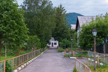 Bir asfalt izlemek evler ve yeşil çim metal mesh yapılan bir çit çit ağaçları ile çalışan beyaz siyah curbs ile.