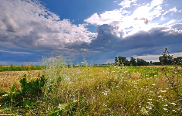 Dicke Wolken am blauen Himmel über den Feldern hinter dem Dorf — Stockfoto