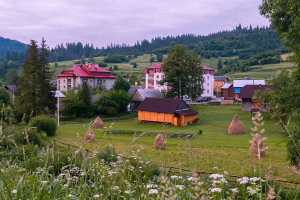 Un pequeño pueblo rural con grandes edificios de apartamentos en el fondo de las montañas con árboles de coníferas verdes — Foto de Stock