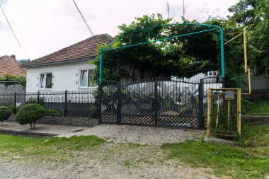 Özel, beyaz ev çatısı ve zona, vyoskimi kapısı ile sahte bir çit ile çitlerle çevrili. Üzüm kucak avluda