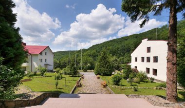 Parkta adımları evleri ve dağ yanında büyüyen yeşil çimenler üzerinde güzel görünümünden yoğun orman ile büyümüş tesisi.